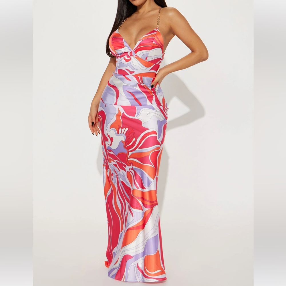 Fashion Nova Danielle Satin Maxi Dress - Fuchsia/combo sz XS